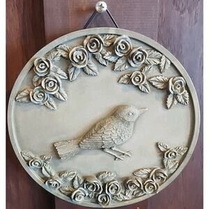 Whimsigoth Bird Roses Wall Hanging concrete/Cast Stone 6" Olive Green Goth